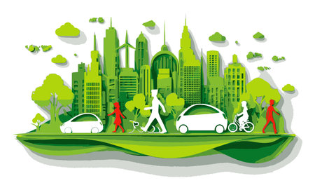 A vibrant illustration showcasing a sustainable urban landscape featuring green transportation options, pedestrians, and lush trees, promoting eco-friendly living and community engagement.のイラスト素材
