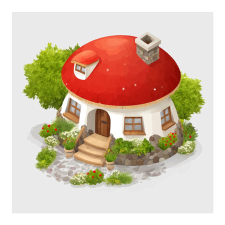 This charming 3D cartoon house features a bright red roof and a beautiful garden. Ideal for whimsical designs, children's projects, or fantasy themes.のイラスト素材