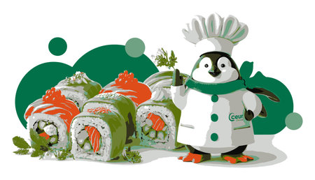 This delightful illustration features a cheerful penguin chef holding sushi, surrounded by vibrant rolls. Perfect for food lovers and culinary promotions!のイラスト素材