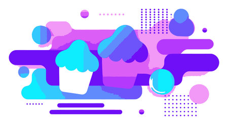 Colorful cupcake vector illustration featuring abstract shapes and playful colors. Ideal for bakery designs, party invitations, and festive decorations.のイラスト素材