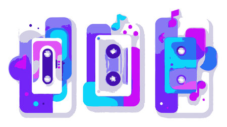 Colorful vector illustration featuring vintage cassette tapes against abstract backgrounds. Perfect for music lovers and retro design enthusiasts.のイラスト素材