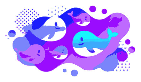 This vibrant abstract illustration features playful whales in lively colors, set against a background of dynamic shapes and patterns, perfect for creative projects.のイラスト素材