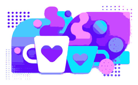 Vibrant vector illustration featuring cups with heart designs, colorful shapes, and playful elements, perfect for creative projects or fun-themed designs.のイラスト素材
