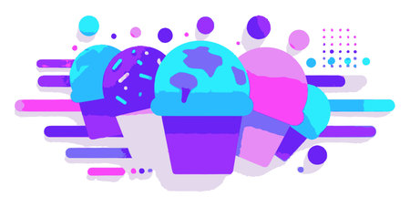 Bright and colorful vector illustration of playful ice cream cones perfect for summer-themed projects. Ideal for branding, packaging, and creative designs.のイラスト素材