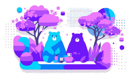 Two adorable bears relax in a vibrant landscape filled with colorful trees and playful elements. This whimsical digital illustration captures a serene moment in nature.のイラスト素材