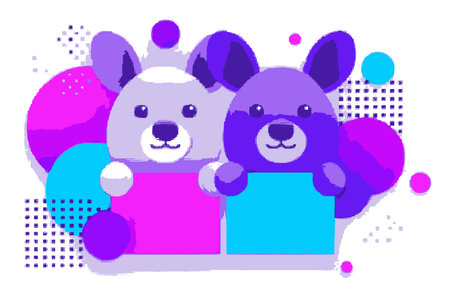 Adorable cartoon animals, featuring a bear and a dog, joyfully holding colorful blocks with a vibrant abstract background, perfect for playful designs.のイラスト素材