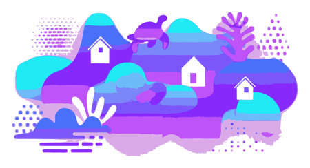 Explore an abstract landscape featuring a turtle and stylized houses. This colorful vector art showcases beautiful shapes and playful designs, perfect for creative projects.のイラスト素材