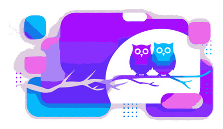 A charming abstract vector illustration featuring two vibrant owls perched on a branch. The design showcases playful colors and modern shapes. Perfect for nature-themed projects.のイラスト素材