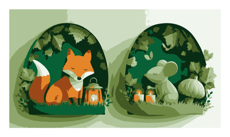 A charming papercut illustration featuring a cozy fox and a curious mouse, set against lush greenery and soft lantern light, perfect for nature lovers.のイラスト素材