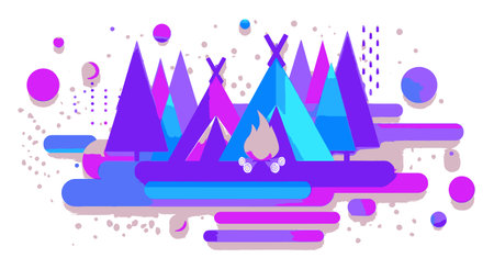 Colorful geometric landscape featuring vibrant trees, tents, and a campfire. Perfect for outdoor themes, summer events, and creative projects.のイラスト素材