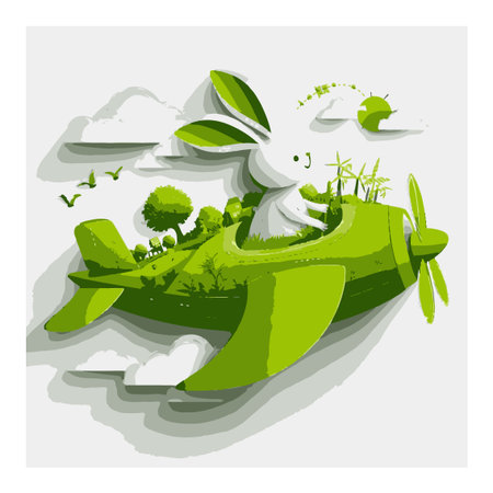 This whimsical illustration features a green rabbit joyfully flying in an airplane, surrounded by lush nature elements, perfect for conveying themes of adventure and environmental awareness.のイラスト素材