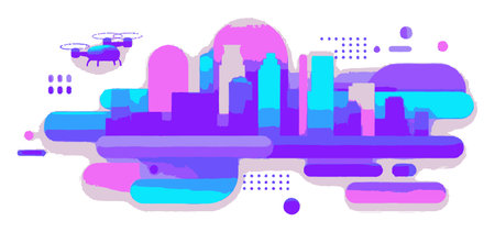 Explore a vibrant abstract cityscape featuring drones amidst colorful geometric elements, blending modern technology with dynamic urban energy in a creative design.のイラスト素材