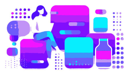 Vibrant vector illustration featuring a female character surrounded by colorful shapes, perfect for creative projects, advertising, and modern design themes.のイラスト素材