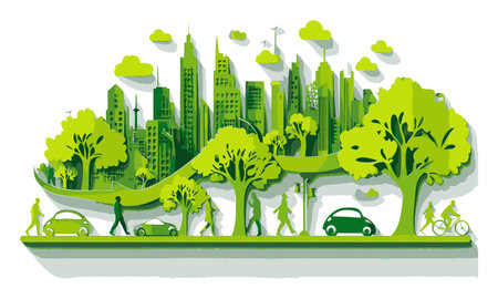 A vivid illustration showcasing a harmonious urban landscape filled with greenery, trees, and sustainable transport options, promoting an eco-friendly lifestyle.のイラスト素材