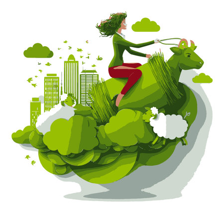 This colorful illustration features a joyful woman riding a green cow, symbolizing harmony between nature and urban life. The vibrant colors and whimsical design create a playful representation of sustainable living and eco-consciousness.のイラスト素材