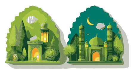 Explore an intricate papercut illustration showcasing a blend of nature and architecture in stunning green shades, perfect for artistic decor and creative projects.のイラスト素材