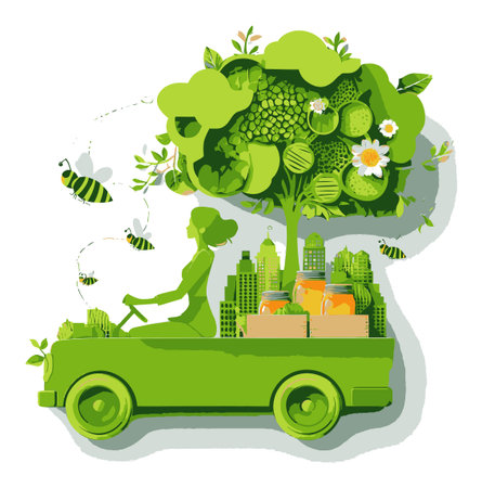 An uplifting illustration showcasing a woman riding a green vehicle through a vibrant natural landscape filled with trees, flowers, and bees, symbolizing eco-friendliness and sustainability.のイラスト素材