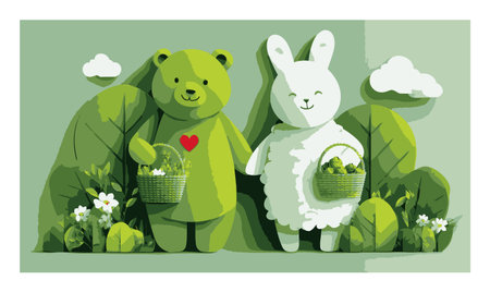 Adorable illustration featuring a cute bear and bunny holding baskets in a green, lush landscape. Perfect for spring themes, children's materials, and nature-inspired designs.のイラスト素材