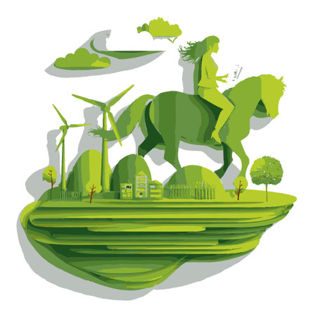 This vibrant papercut illustration showcases a green landscape with a rider on horseback, embracing nature and sustainability. Ideal for eco-themed projects.のイラスト素材