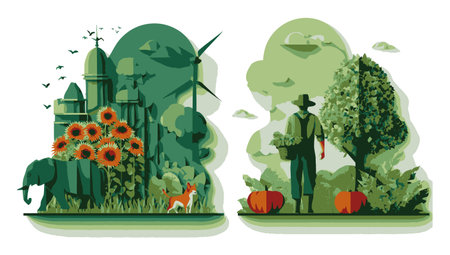 This vibrant illustration depicts a green landscape highlighting sustainability themes with animals, sunflowers, and natural elements, showcasing eco-friendly practices.のイラスト素材