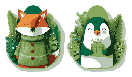This charming illustration features a joyful fox in a sweater and a happy penguin holding a gift, surrounded by lush greenery, perfect for seasonal themes.のイラスト素材