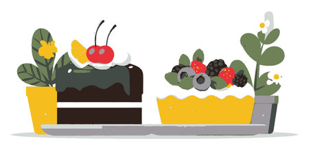 Delight in this colorful cartoon illustration of two cakes topped with fruits and decorative plants, perfect for festive celebrations or sweet treats!のイラスト素材