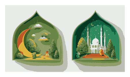 This colorful papercut illustration features a scenic landscape with architectural elements, showcasing a harmonious blend of nature and artistic design.のイラスト素材