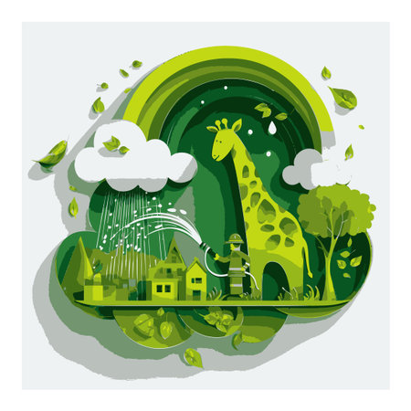 A vibrant papercut illustration featuring a whimsical giraffe amidst a lush green landscape, showcasing eco-friendly elements like rain, clouds, and trees.のイラスト素材
