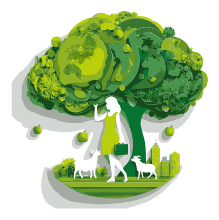 A vibrant illustration featuring a woman walking under a large green tree, surrounded by playful goats and a city skyline, symbolizing harmony with nature.のイラスト素材