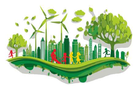This colorful illustration showcases a vibrant cityscape featuring trees and wind turbines, promoting a sustainable and eco-friendly urban environment.のイラスト素材