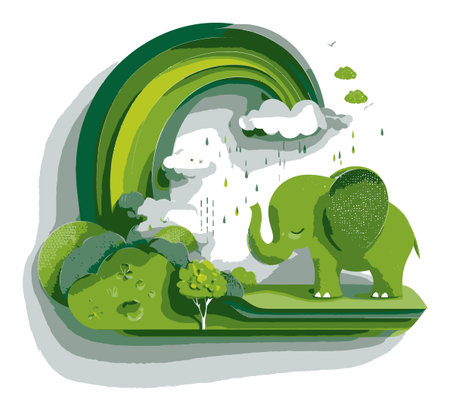 Charming illustration of a green elephant in a vibrant nature scene featuring rain, clouds, and a rainbow, evoking joy and tranquility in a whimsical style.のイラスト素材