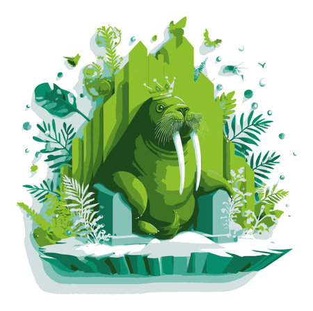 A whimsical illustration of a green walrus adorned with a crown, set in a vibrant natural landscape filled with foliage and small creatures, highlighting marine life.のイラスト素材