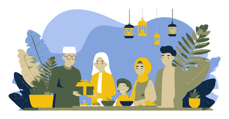 This flat cartoon illustration features a family joyfully gathering around a table with gifts and colorful lanterns, showcasing a celebration of togetherness and cultural traditions.のイラスト素材