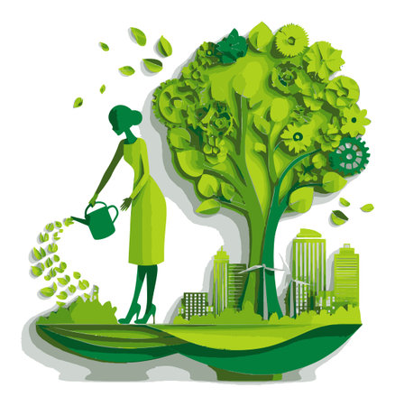A beautiful paper cut style illustration of a woman watering a lush green tree, symbolizing sustainability and growth in an urban landscape.のイラスト素材
