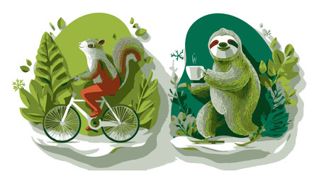 Delightful illustration featuring a squirrel on a bicycle and a sloth enjoying coffee, surrounded by vibrant greenery. Perfect for nature-themed projects!のイラスト素材