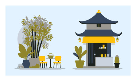 A flat design illustration showcasing an Asian-style building with outdoor seating, surrounded by decorative plants, creating a tranquil and inviting atmosphere.のイラスト素材