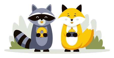 This delightful cartoon features a happy raccoon and fox holding treats, showcasing friendship and joy. Perfect for children's themes and playful illustrations.のイラスト素材
