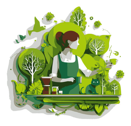 This vibrant illustration showcases a woman enjoying a drink amidst lush greenery and playful elements, symbolizing the harmony of nature and lifestyle.のイラスト素材