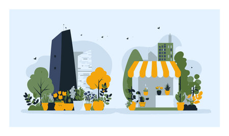 A vibrant flat illustration depicting a modern urban garden scene featuring a building and a market stall with potted plants. Perfect for themes of nature and city life.のイラスト素材
