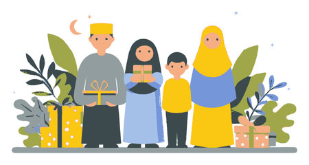 This flat cartoon-style illustration shows a diverse family with gifts, surrounded by lush greenery. Perfect for themes of celebration, joy, and togetherness.のイラスト素材