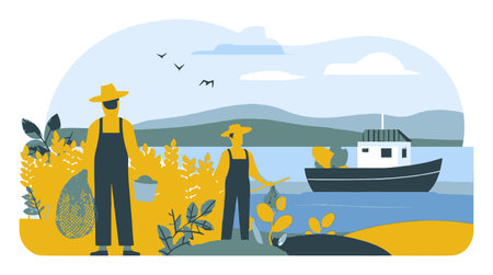 Colorful flat cartoon illustration depicting two farmers amidst a lush landscape, with a boat docked on calm waters, representing rural life and agriculture.のイラスト素材