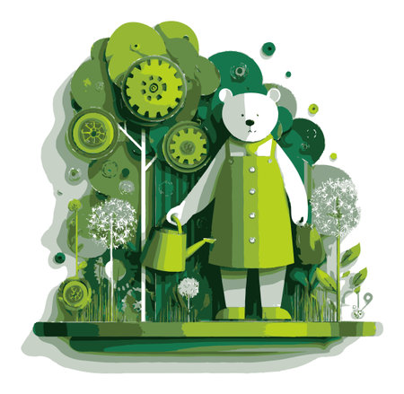 Delight in this vibrant illustration of a whimsical bear watering plants, surrounded by lush greenery and gears, showcasing a playful and eco-friendly theme.のイラスト素材