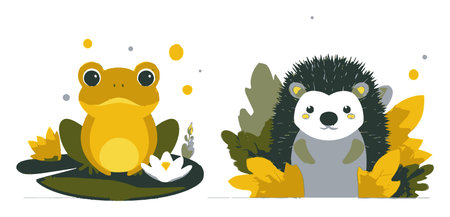 Bright and whimsical flat design illustration featuring a cheerful frog and a cute hedgehog,...