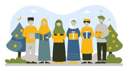 This colorful flat cartoon style illustration shows a diverse group of people joyfully holding gifts. Perfect for conveying themes of celebration, togetherness, and cultural festivities.のイラスト素材
