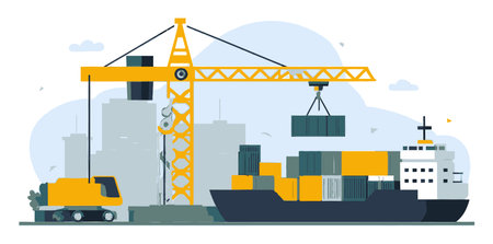 This flat cartoon illustration features a construction site with a crane and a cargo ship, depicting transportation and shipping processes in an urban setting.のイラスト素材