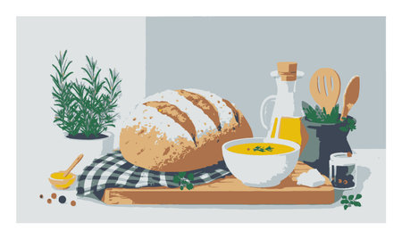 This flat design illustration features a hearty loaf of bread and a bowl of soup, garnished with fresh herbs. Perfect for cozy kitchen decor.のイラスト素材