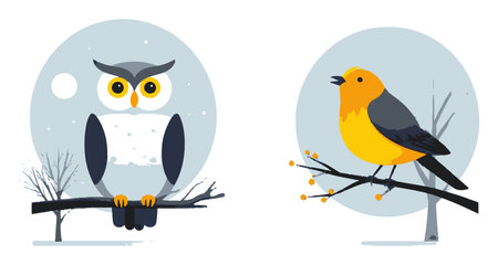 Charming cartoon-style illustration features an owl and a bird perched on branches against a serene winter backdrop, perfect for seasonal decor.のイラスト素材