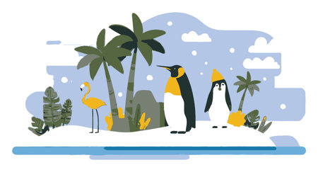 A whimsical flat cartoon illustration featuring penguins and a flamingo in a tropical island setting with palm trees, perfect for summer-themed designs.のイラスト素材