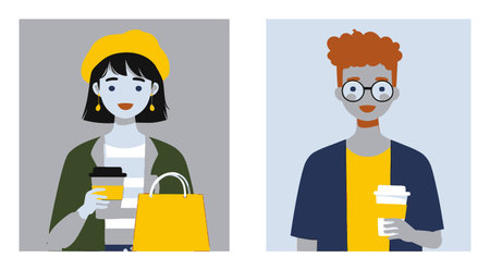 This flat cartoon image showcases two vibrant characters holding coffee cups. The cheerful woman and...