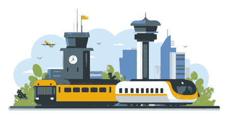 This flat design illustration features an urban transportation scene with a train, an airport tower, and an airplane flying above. Ideal for travel themes.のイラスト素材